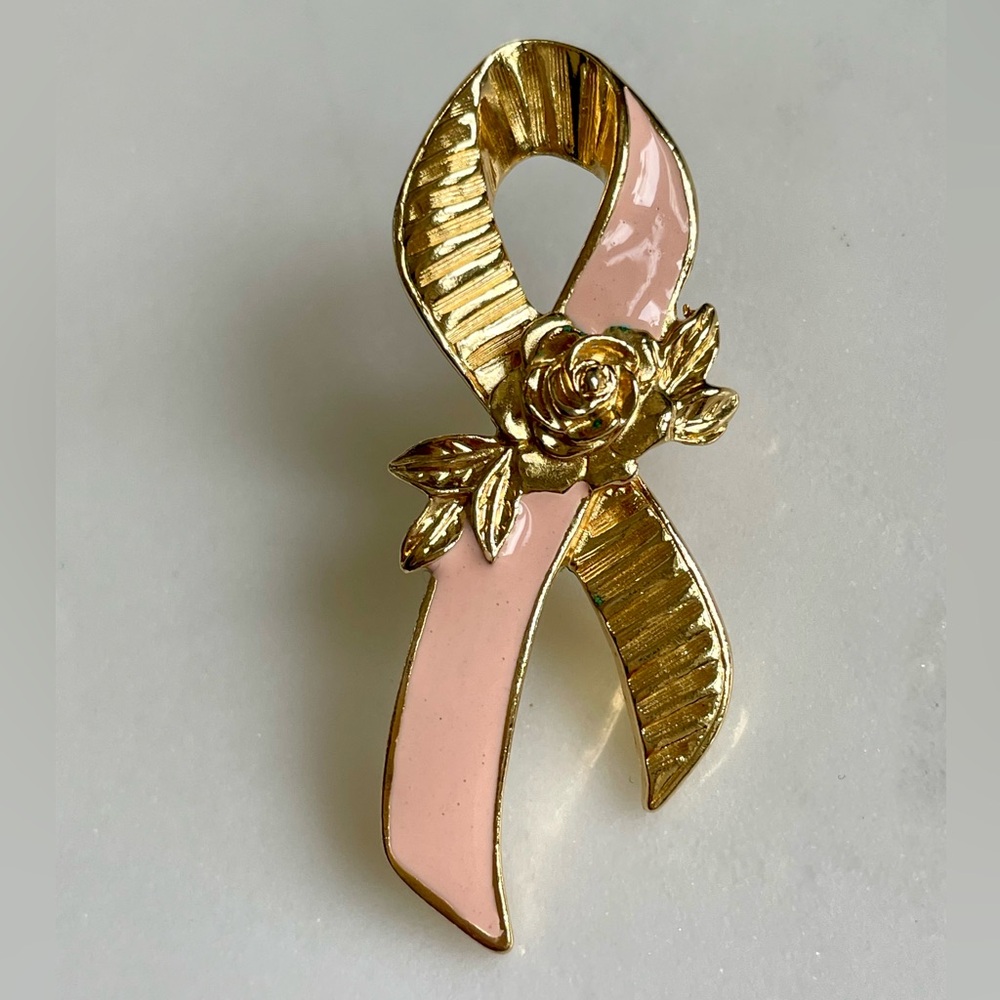 Avon Gold and Pink Ribbon Breast Cancer Awareness Vintage Rose Brooch